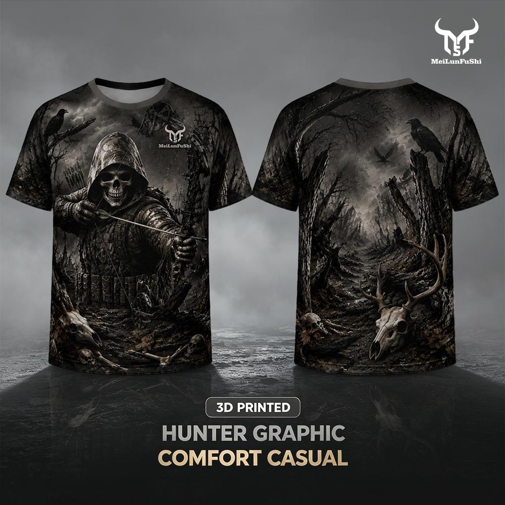 Outdoor Hunting Graphic Tees - เสื้อยืดพิมพ์ลาย 3 มิติ ลายหัวกะโหลกนักธนูสไตล์โกธิค ลายกราฟิกอีกาในป่ามืด แขนสั้น