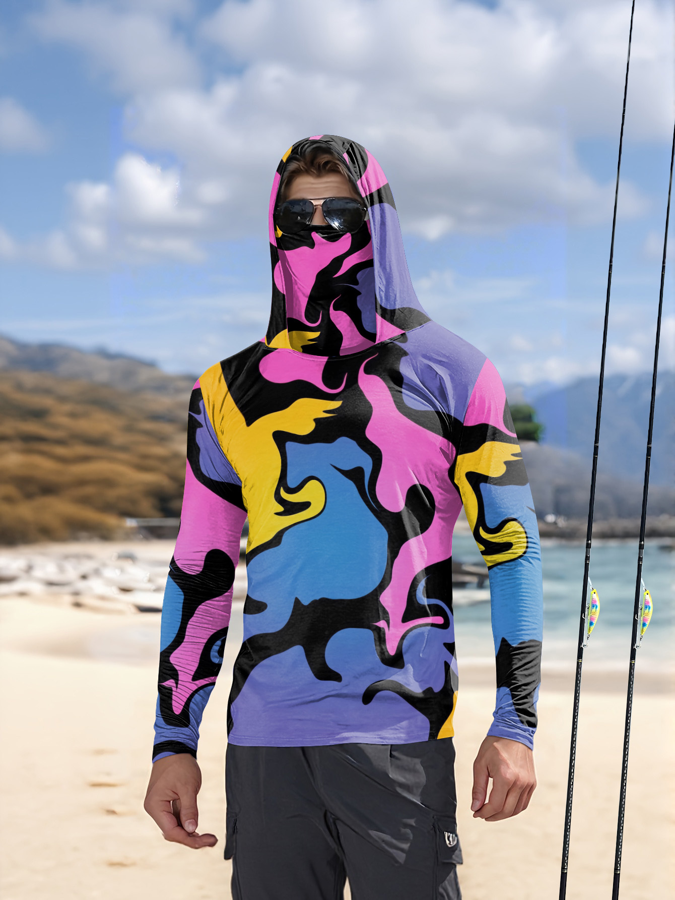 Hunting Outdoors - เสื้อฮู้ดตกปลา เสื้อแขนยาวป้องกันแสงแดดสำหรับผู้ชาย เสื้อกีฬาสำหรับล่าสัตว์ เสื้อป้องกันแสงแดด เสื้อชายหาดสำหรับตกปลา