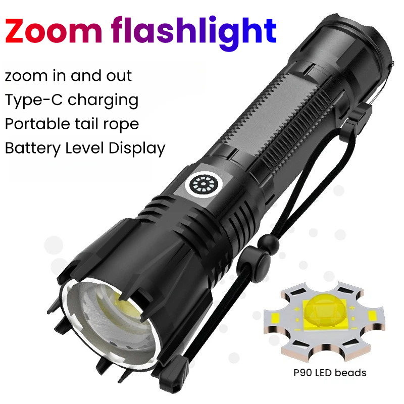 Hunting Outdoors - ไฟฉาย LED P90 กำลังสูง TYPE-C ไฟฉายซูมแบบชาร์จไฟได้ไฟฉายกันน้ำสำหรับการตั้งแคมป์กลางแจ้งและการล่าสัตว์
