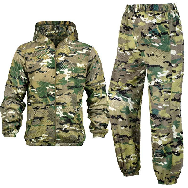 Hunting Outdoor Apparel - ชุดลายพรางตาข่ายระบายอากาศสำหรับฤดูร้อน พร้อมฮู้ด ซิปด้านหน้า ระบายอากาศได้ดี เหมาะสำหรับการฝึกซ้อมกลางแจ้ง การล่าสัตว์