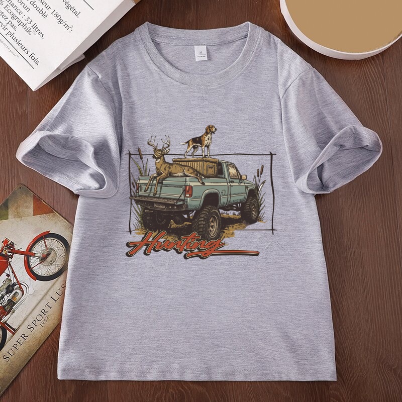Outdoor Hunting Dogs - เสื้อยืดลายล่าสัตว์ เสื้อยืดลายกวาง เสื้อยืดลายสุนัข เสื้อยืดผู้ชายสำหรับกิจกรรมกลางแจ้ง ผ้าฝ้าย แขนสั้น