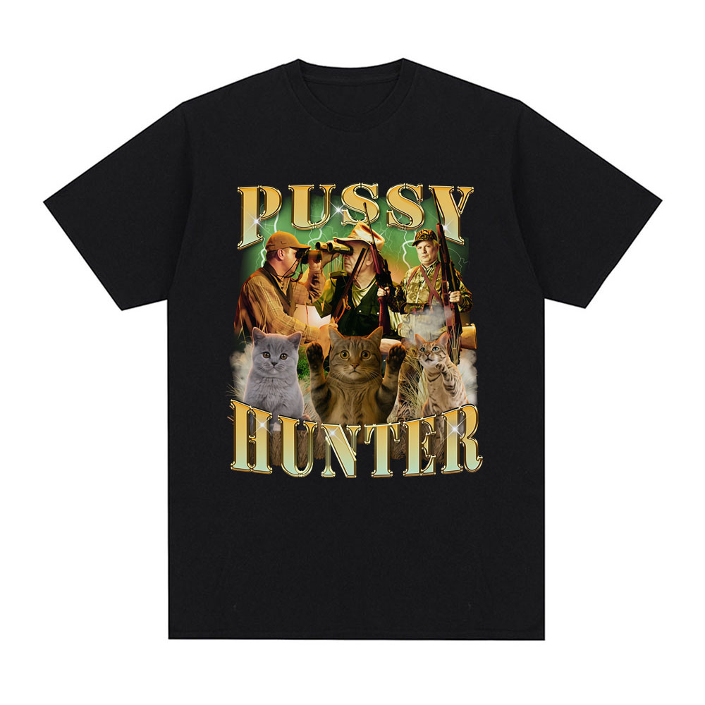 Outdoor Hunting Graphic Tees - เสื้อยืดลายกราฟิกแมววินเทจสำหรับผู้ชายและผู้หญิง สไตล์ฮิปฮอป แร็พ สตรีทแวร์ โอเวอร์ไซส์ สำหรับฤดูร้อน