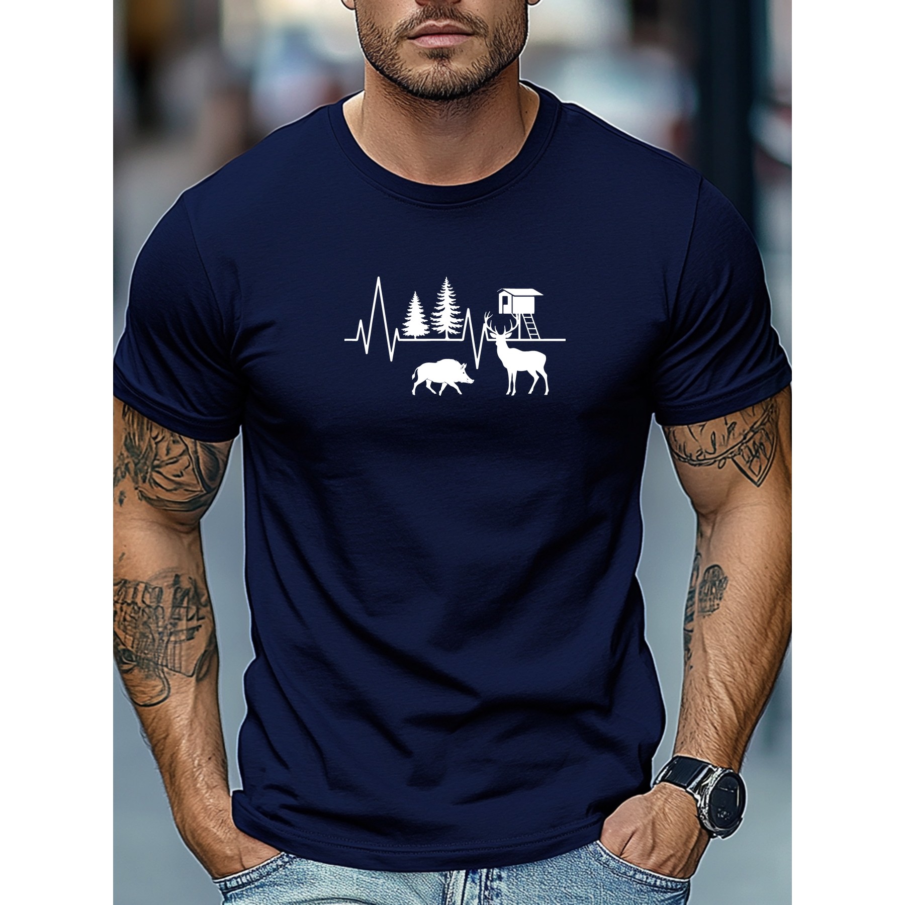 Outdoor Hunting Graphic Tees - เสื้อยืดลายกราฟิก Hunting Heartbeat สำหรับผู้ชาย คอกลม แขนสั้น